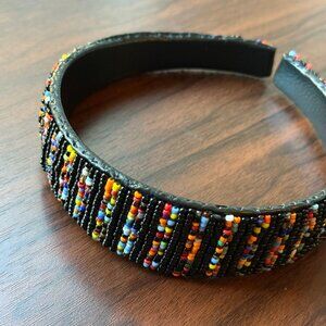 African Beaded Leather Headband Rainbow and Black NWOT